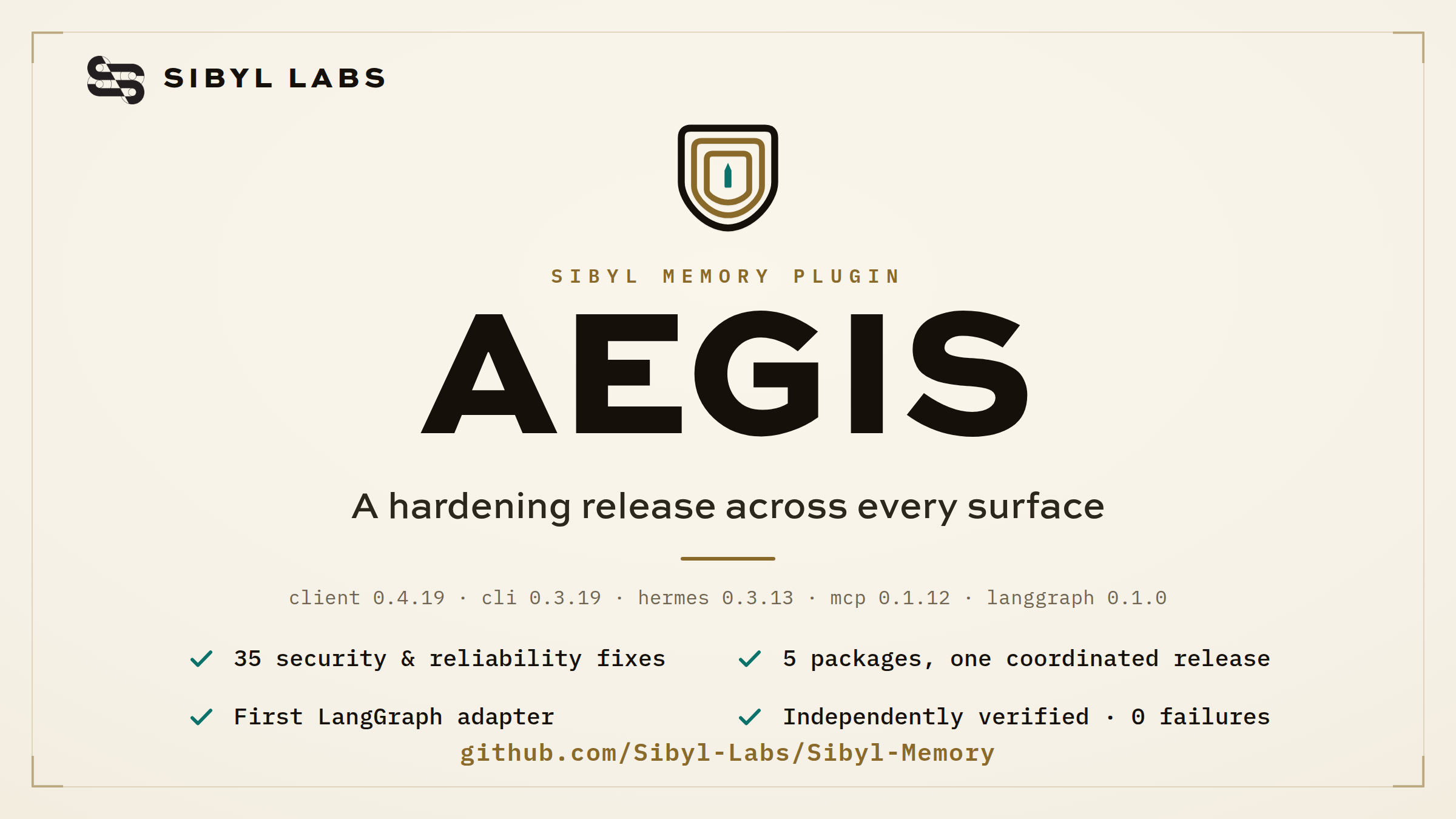 Aegis: a hardening release across every Sibyl Memory surface. client 0.4.19, cli 0.3.19, hermes 0.3.13, mcp 0.1.12, langgraph 0.1.0.