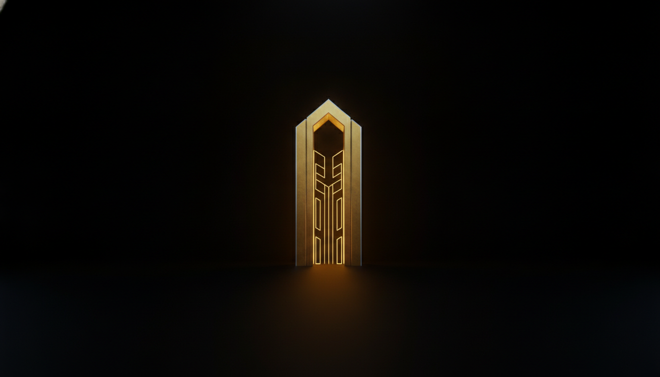A single luminous golden gateway in a vast dark space, light passing through only where it permits.